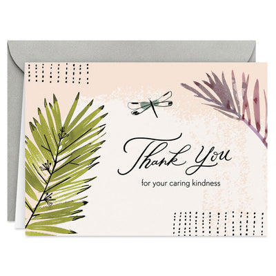 Thank-you cards with palm fronds and dragonfly on a blush and ivory background with soft matte finish
