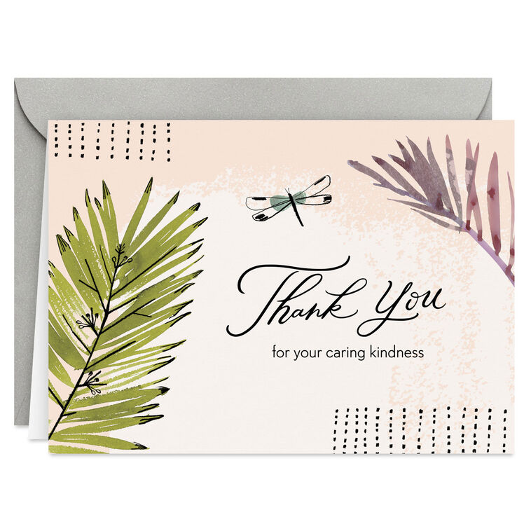 Thank-you cards with palm fronds and dragonfly on a blush and ivory background with soft matte finish