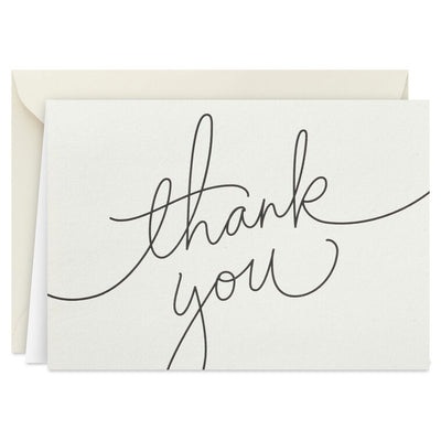 Ivory thank you cards with modern black script lettering and kraft box packaging, includes 40 blank cards and matching envelopes