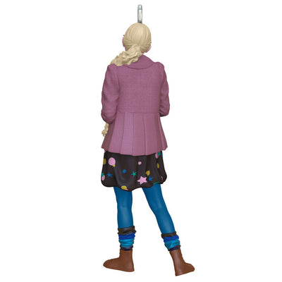 Luna Lovegood in purple coat holding The Quibbler and wearing Spectrespecs, mini Hallmark Christmas ornament, Harry Potter collectible
