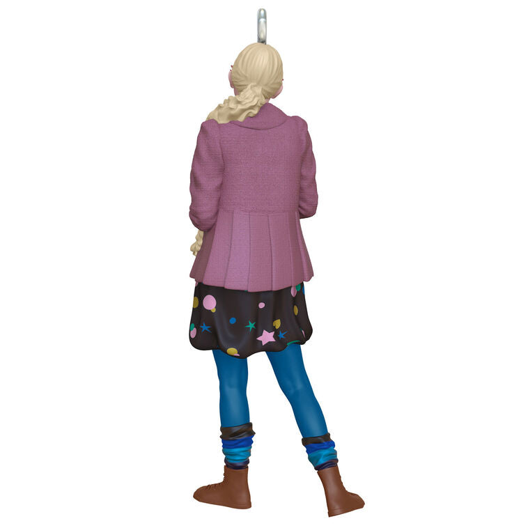 Luna Lovegood in purple coat holding The Quibbler and wearing Spectrespecs, mini Hallmark Christmas ornament, Harry Potter collectible

