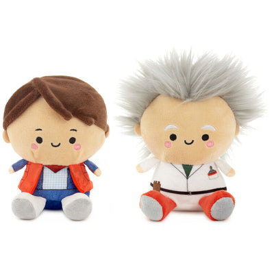 Back to the Future plush set of Doc Brown and Marty McFly with magnets, embroidered features, and movie-inspired outfits.

