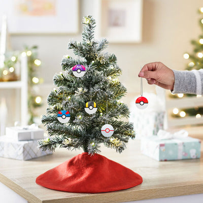 Set of six mini Pokémon Poké Ball ornaments including Poké, Great, Ultra, Master, Premiere, and Luxury Balls, for tabletop tree or display.