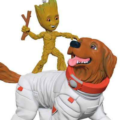 Groot and Cosmo ornament, Guardians of the Galaxy, playful dog and tree hero, Hallmark Keepsake, Christmas tree decoration.