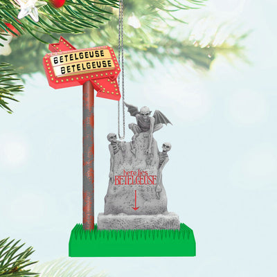 Beetlejuice ornament, grave headstone with marquee sign, Hallmark Keepsake, light-up feature, Christmas tree decoration, horror-comedy collectible.