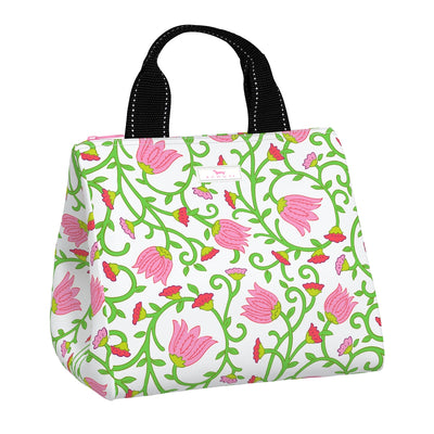 SCOUT Eloise insulated lunch tote in Late Bloomer floral print with zip closure, dual handles, and exterior pocket for utensils and extras.