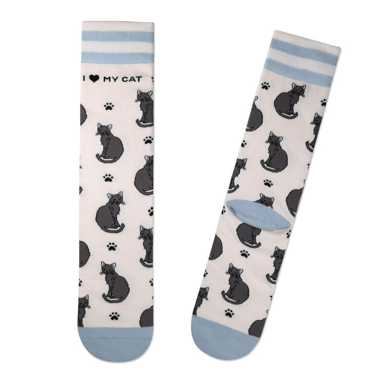Hallmark crew socks with black cat silhouettes, paw prints, and striped light blue cuffs.