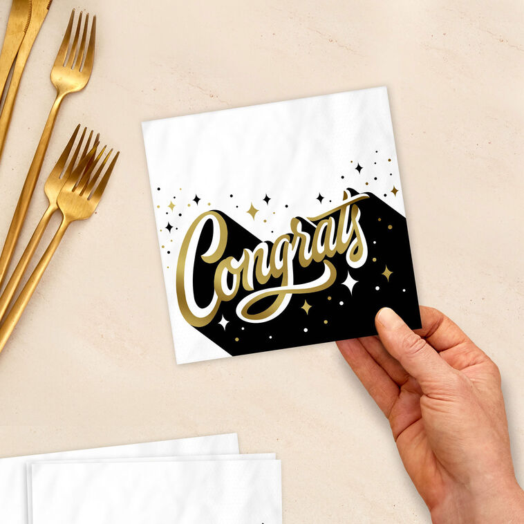 Congrats in Gold and Black Graduation Cocktail Napkins, Pack of 20