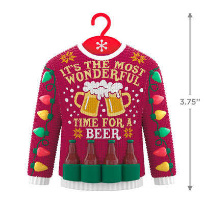 Red Christmas sweater ornament with beer mugs, bottles, and string lights design.

