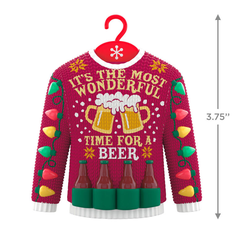 Red Christmas sweater ornament with beer mugs, bottles, and string lights design.

