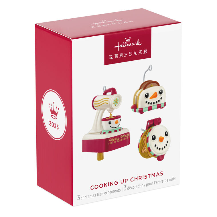 Set of three mini Christmas ornaments: snowman waffle maker, stand mixer, and toaster with snowflake designs, Hallmark Keepsake kitchen set