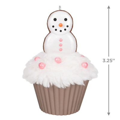 Hallmark Keepsake Christmas Cupcakes Merry Macarons ornament—cupcake with white meringue icing, pink pearl candies, snowman made of macarons
