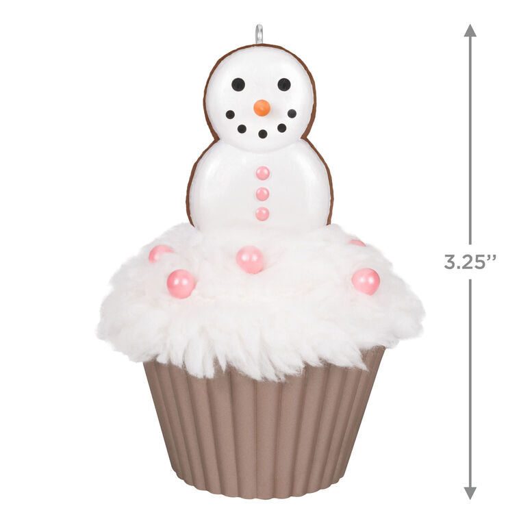 Hallmark Keepsake Christmas Cupcakes Merry Macarons ornament—cupcake with white meringue icing, pink pearl candies, snowman made of macarons