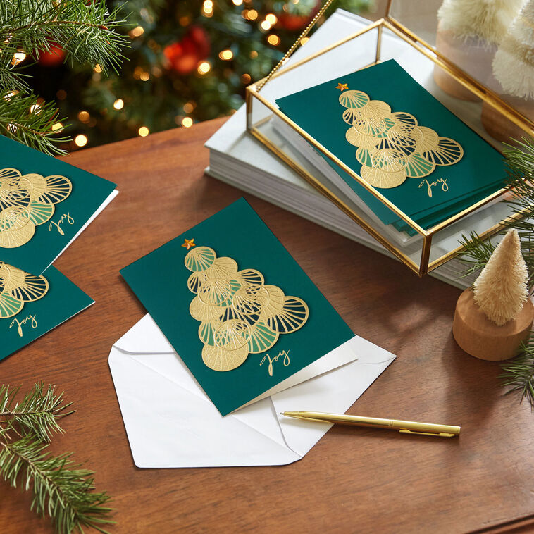 Opulent Green and Gold Tree Boxed Christmas Cards, Pack of 12