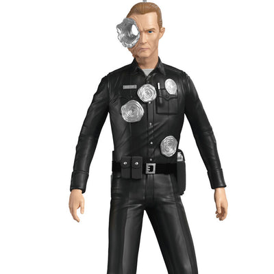 T-1000 Terminator ornament in black police uniform with liquid-metal sculpting from Judgment Day.