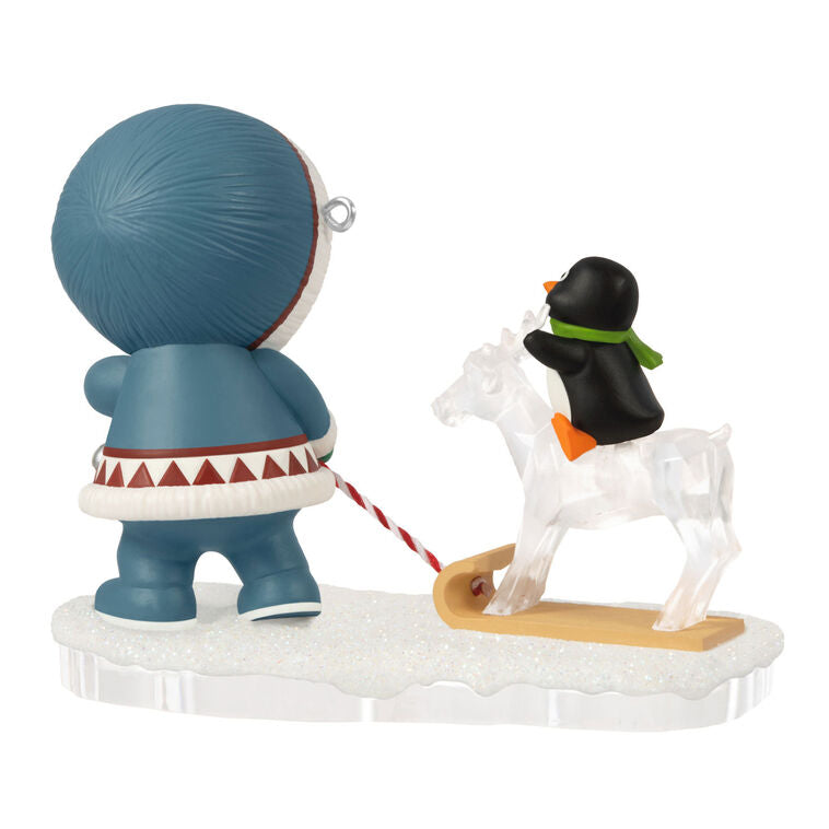 Frosty pulling sled with penguin riding reindeer ice sculpture, 2025 Hallmark Keepsake Frosty Friends Christmas ornament