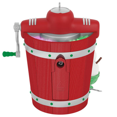 Homemade ice cream maker ornament with snowman sundae, musical light-up holiday decoration, battery operated

