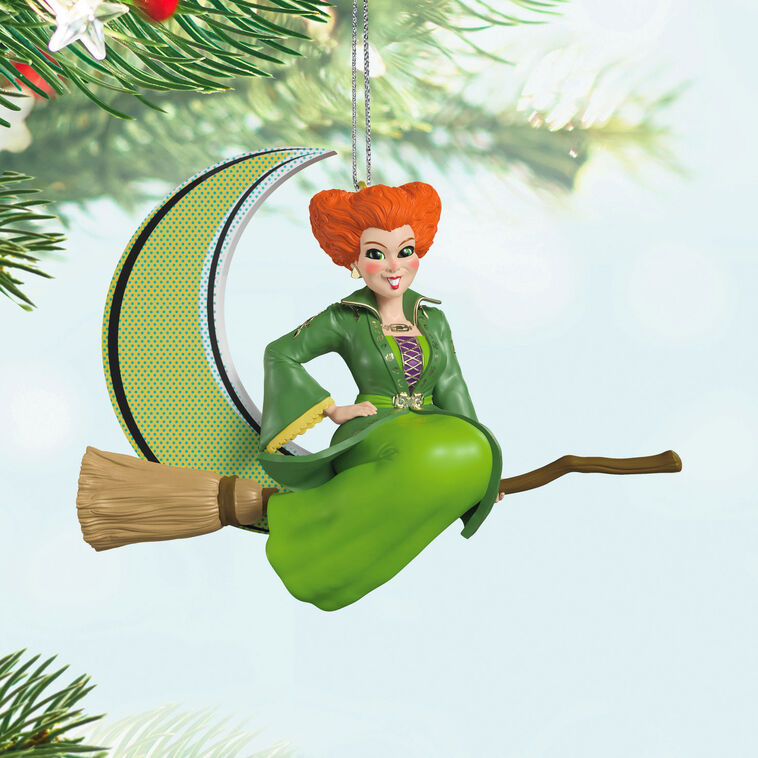 Halloween ornament of Winifred Sanderson on broomstick flying in front of crescent moon from Disney&