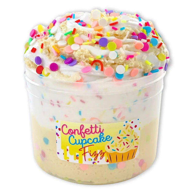 Colorful confetti slime with a sweet cupcake scent, featuring a soft, fluffy texture perfect for sensory play and creative fun.