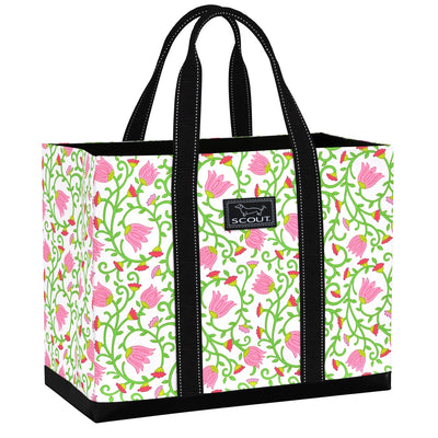 Late Bloomer large Original Deano tote with floral design, open top, flat bottom, sturdy handles, and interior zipper pocket.
