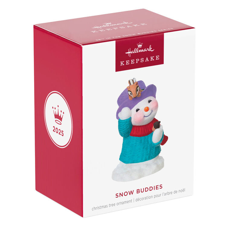 Snowman in blue sweater and red scarf, holding acorn with chipmunk on purple hat, Hallmark Keepsake Snow Buddies 2025 ornament