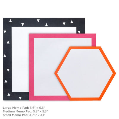 Set of three memo pads with pink, black, and orange borders in square and hexagonal shapes, arranged in a stack.
