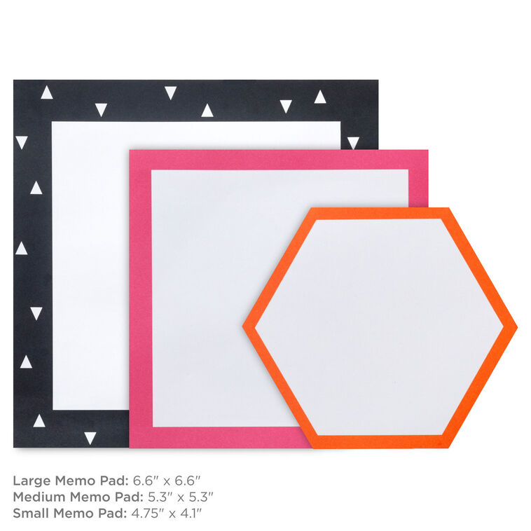 Set of three memo pads with pink, black, and orange borders in square and hexagonal shapes, arranged in a stack.
