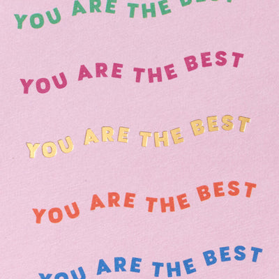 Set of 5 Hallmark mini blank cards featuring “You Are the Best” in colorful, wavy script on light pink with gold foil accents and bright envelopes.
