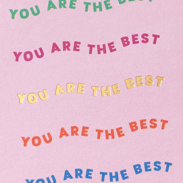 Set of 5 Hallmark mini blank cards featuring “You Are the Best” in colorful, wavy script on light pink with gold foil accents and bright envelopes.
