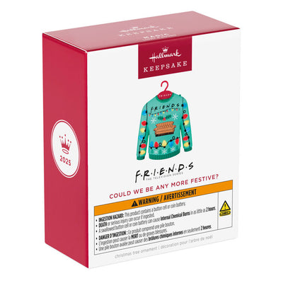 Friends ornament, ugly Christmas sweater with Central Perk couch, colorful lights, Hallmark Keepsake, musical, light-up, TV sitcom decoration.