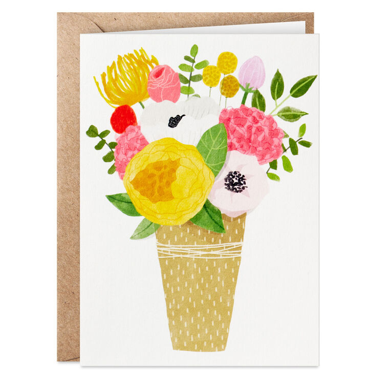 Blank note cards with floral vase illustration and customizable black gift-tag stickers, packaged in kraft wrap.
