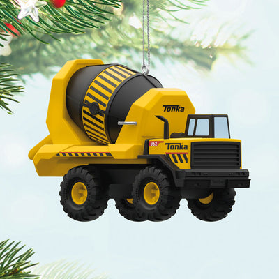 Hallmark Keepsake Hasbro Tonka Mighty Cement Mixer ornament, yellow and black truck with turning drum, inspired by classic construction toy.