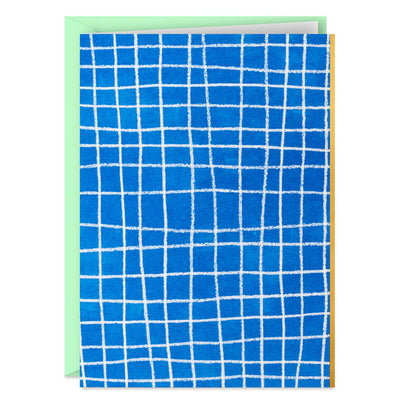 Set of 5 Hallmark mini blank note cards with white windowpane grid design on a vibrant blue background, gold foil accents, and matching envelopes.
