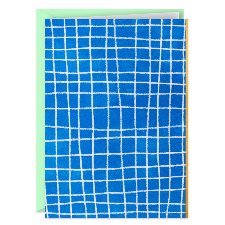 Set of 5 Hallmark mini blank note cards with white windowpane grid design on a vibrant blue background, gold foil accents, and matching envelopes.

