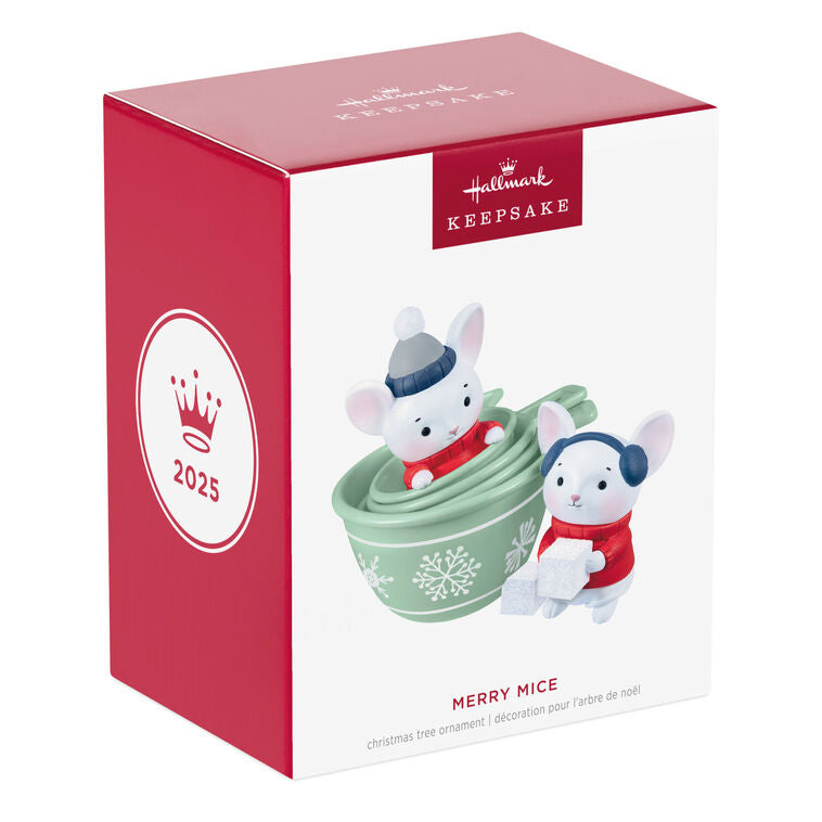 Christmas ornament with two mice in red sweaters and green measuring cups decorated with snowflakes, festive baking theme

