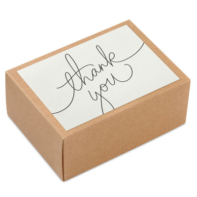 Ivory thank you cards with modern black script lettering and kraft box packaging, includes 40 blank cards and matching envelopes