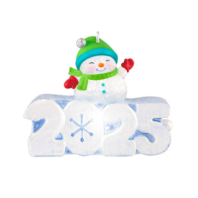 Glittery snowman in green hat and scarf atop snow-sculpted 2025, light-up mini Hallmark Christmas ornament, holiday collectible
