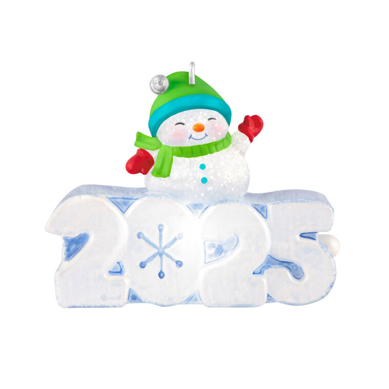 Glittery snowman in green hat and scarf atop snow-sculpted 2025, light-up mini Hallmark Christmas ornament, holiday collectible
