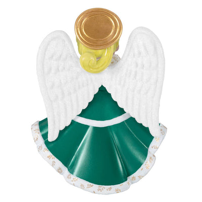 Hallmark Keepsake ornament of blonde angel in green and white dress with gold trim, glittery wings, and gold muff