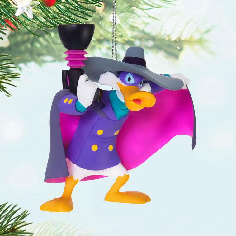 Hallmark Keepsake Disney Darkwing Duck Let’s Get Dangerous ornament, purple and pink superhero duck, cape, mask, blaster, animated pose.