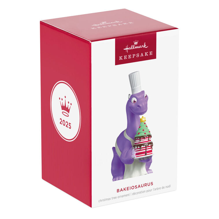 Purple Brachiosaurus in chef’s hat and apron holds a candy cane cake in this festive Hallmark Keepsake Christmas dinosaur ornament.