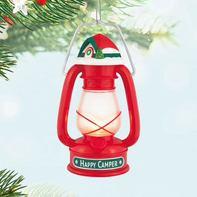 Vintage red lantern ornament topped with red and green tent, retro camping holiday decor

