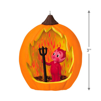Halloween ornament with jack-o'-lantern and friendly devil holding pitchfork against red flame backdrop