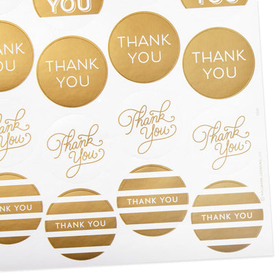 Gold foil thank-you sticker seals in assorted designs, includes 10 sheets of self-adhesive stickers.