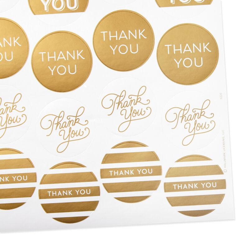 Gold foil thank-you sticker seals in assorted designs, includes 10 sheets of self-adhesive stickers.