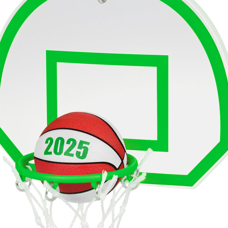 2025 basketball ornament with neon green hoop and net, showing a ball dropping into the goal for sporty holiday decor.