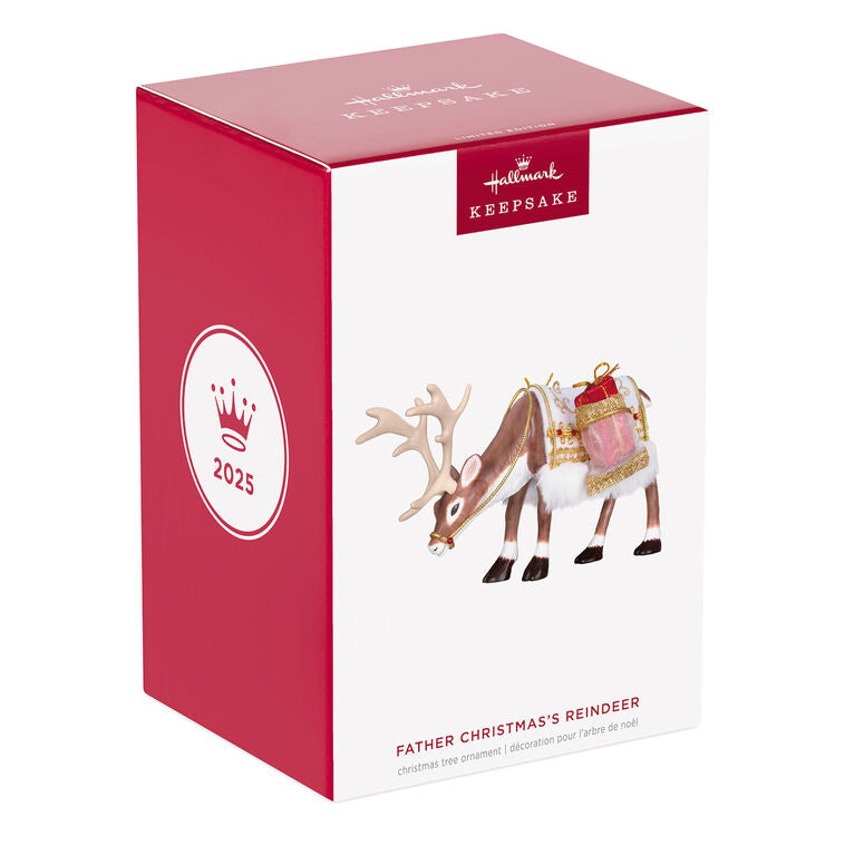 Hallmark Keepsake ornament of a regal reindeer with a festive saddle blanket, faux fur, gold trim, and a present, 2025 Keepsake Premiere.