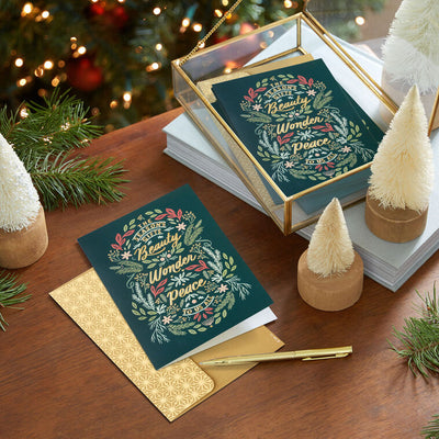 The Season's Gifts Lettering on Green Boxed Christmas Cards, Pack of 16