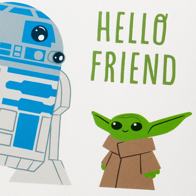 Hallmark Star Wars note cards featuring R2-D2 and Grogu with “Hello Friend” text on a white background, boxed set of 10 with envelopes.

