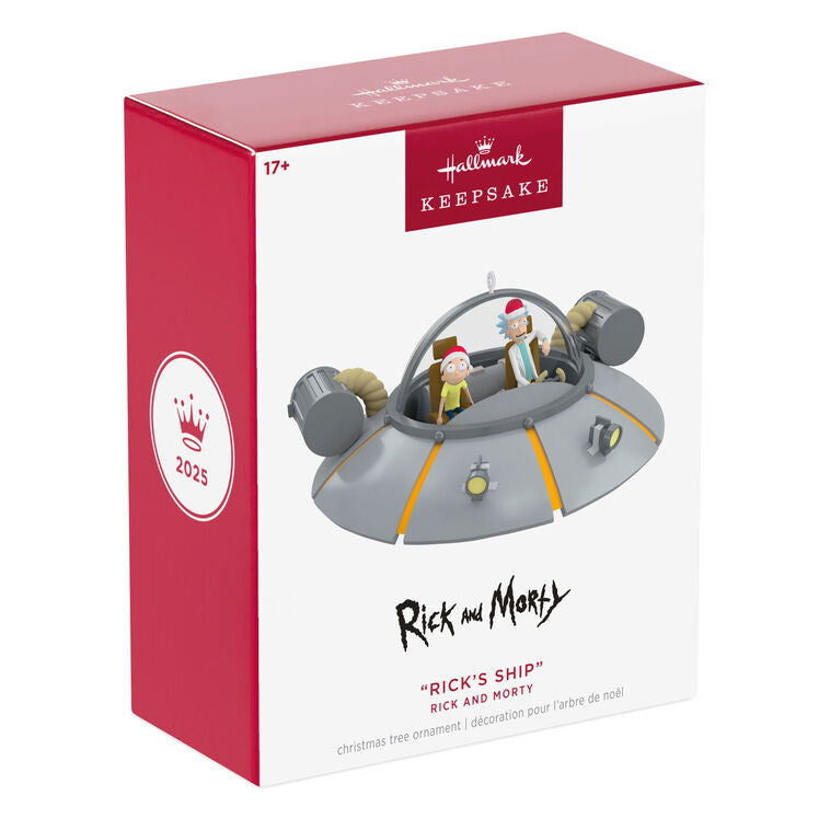 Rick and Morty ornament, Space Cruiser ship, Hallmark Keepsake, Christmas tree decoration, animated sitcom collectible, sci-fi cartoon.